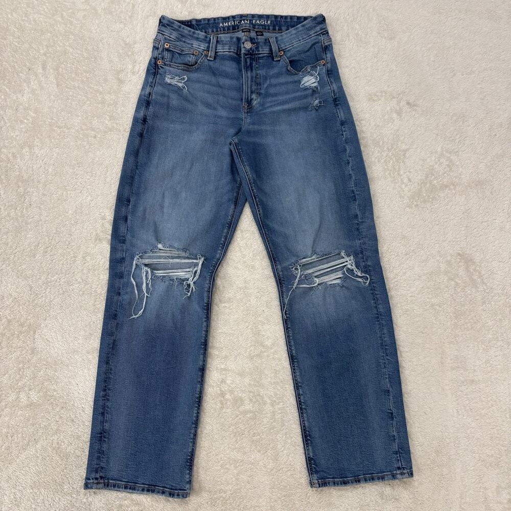 American Eagle Womens 10 Curvy Straight Jeans High Rise Distressed Stretch Blue